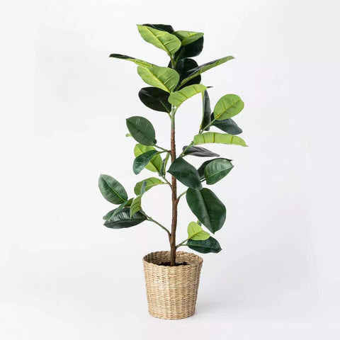 Faux Rubber Leaf Tree in Woven Pot